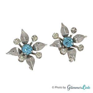 VTG Bugbee Niles Blue Clear Rhinestones Floral Silver Tone Screw Back Earrings